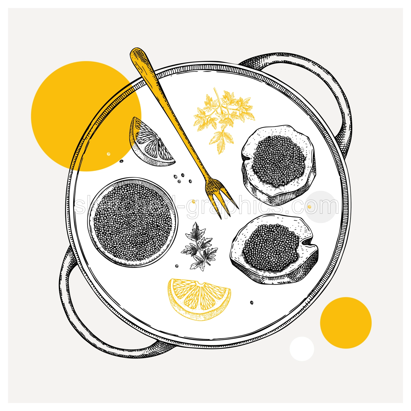 Hand-drawn tray with canned caviar, black caviar canape, lemons and spices illustrations. Finger food sketches set. Seafood delicacy drawings in collage style for  restaurant menu design Illustration